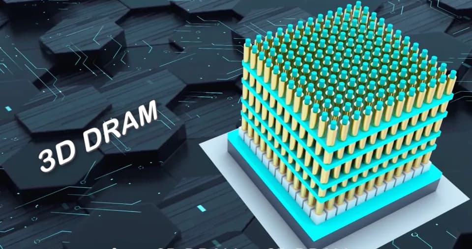 3D rendering of a stacked 3D DRAM cell array on a circuit-board backdrop