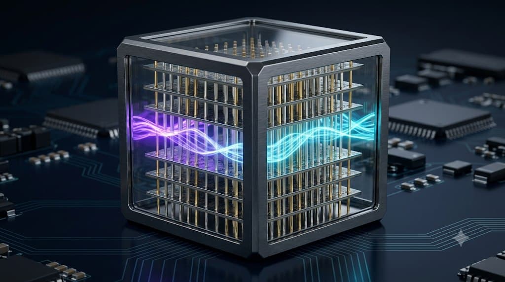 3D render of a glass-and-metal memory cube with stacked grids of vertical gold channels and violet-and-cyan energy flowing through it, evoking a vertical-channel DRAM architecture