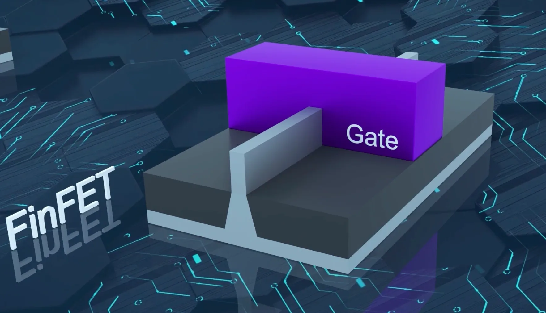 3D rendering of a FinFET transistor gate structure on a circuit-board backdrop
