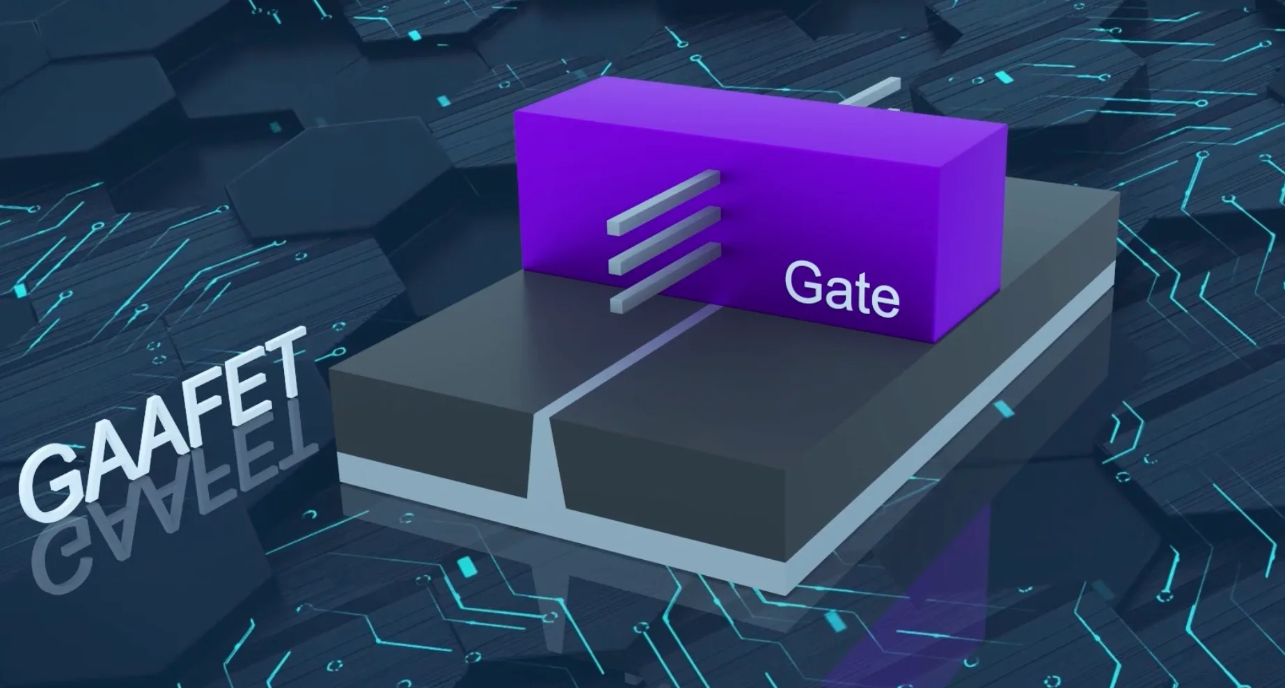 3D rendering of a Gate-All-Around (GAAFET) transistor structure on a circuit-board backdrop