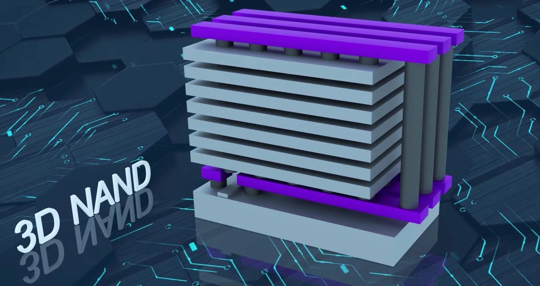 3D rendering of a stacked 3D NAND memory structure on a circuit-board backdrop