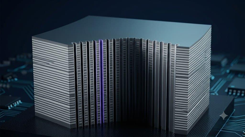 3D render of a tall multi-layer 3D NAND stack on a circuit board, one channel highlighted in violet to evoke a precision-finished, high-aspect-ratio etch